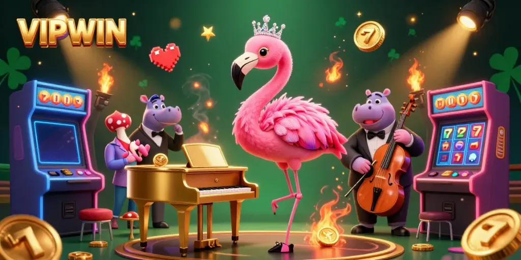 Experience the excitement of VIPWIN with a vibrant casino lounge featuring lively characters and stunning game elements.