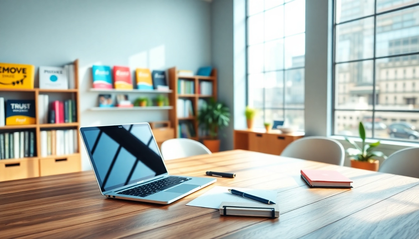 Showcasing Premium Shopify agency workspace with laptop and branding elements in a modern setting.