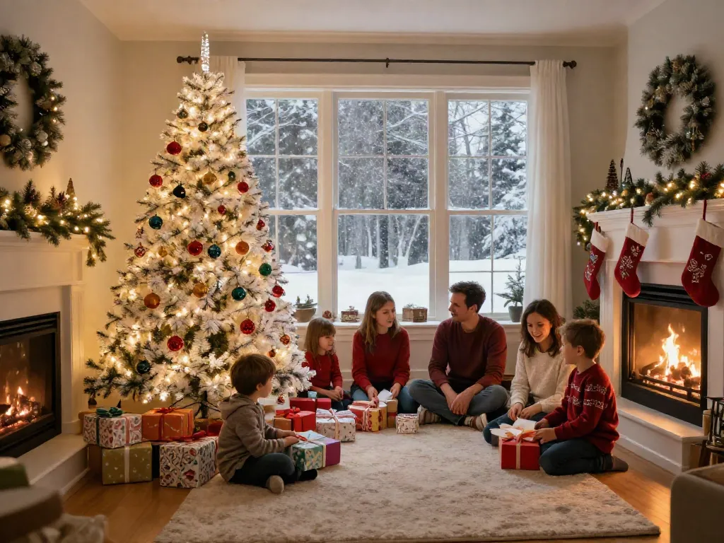 Family enjoying the warmth of a white artificial Christmas tree during the holiday season.