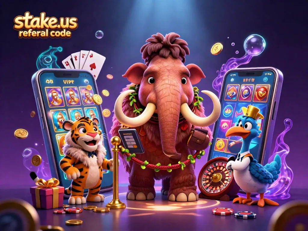 Spin the reels with the latest stake.us referral code, featuring a lively casino bouncer scene.