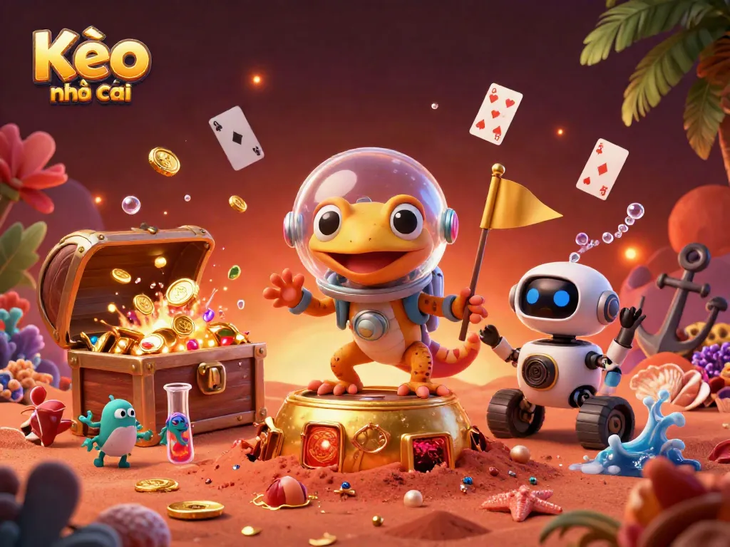 Experience the thrill of Kèo nhà cái with a Martian gecko discovering a golden casino in an exciting cosmic setting.
