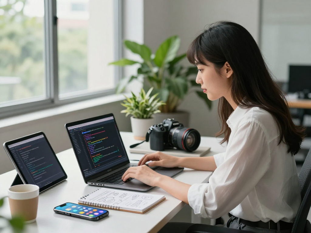 AI 18+ programming in a dynamic digital workspace with a young professional.