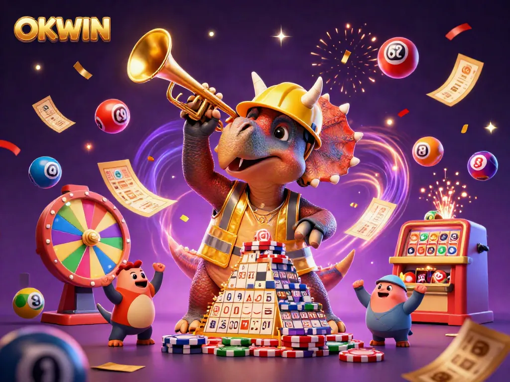 Engage in thrilling gameplay with OKWIN featuring a triceratops and parasaurolophus in a vibrant casino scene.