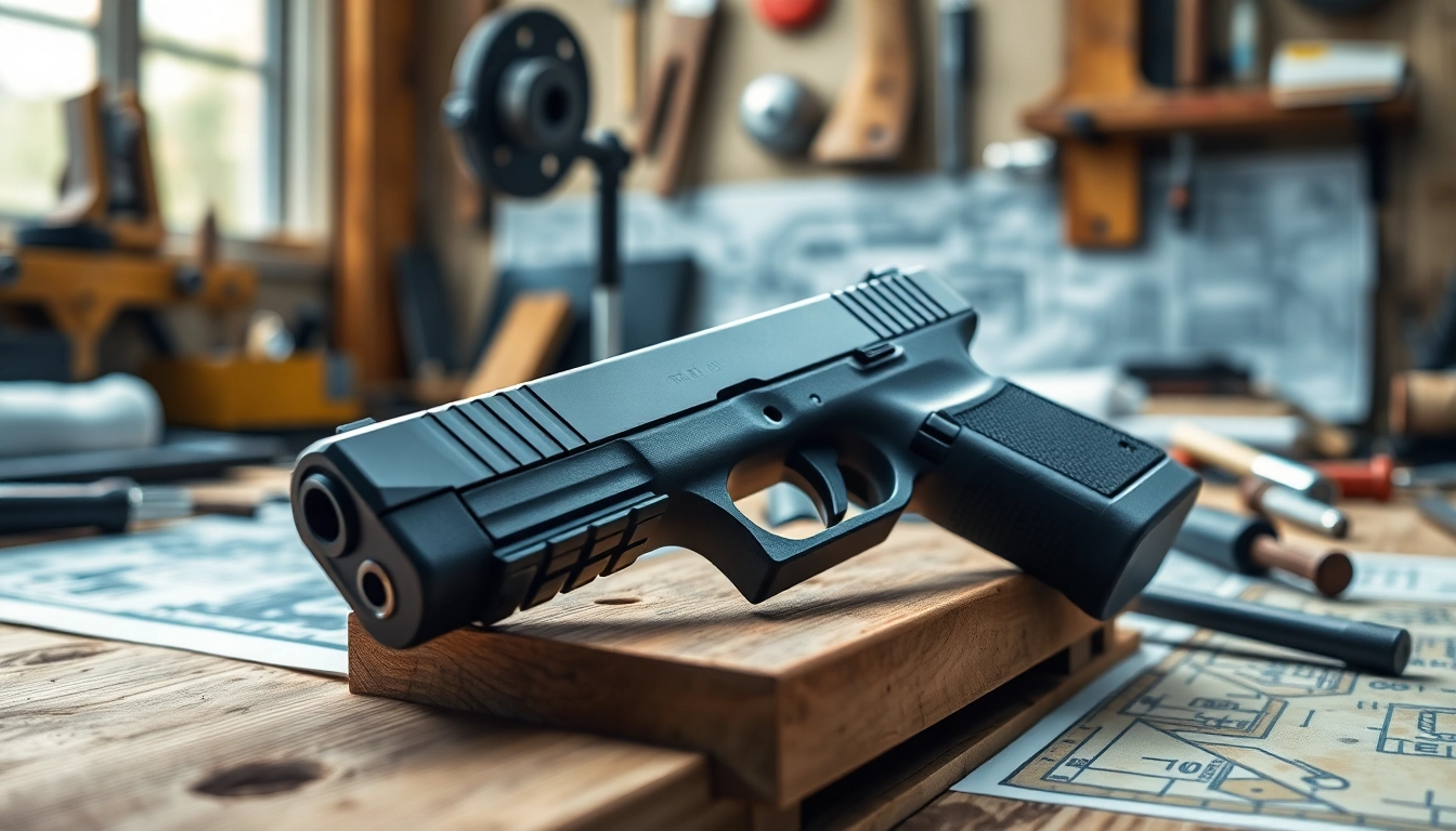 Showcasing glock 17 slide for sale with high-quality finish and precision tools in the background.
