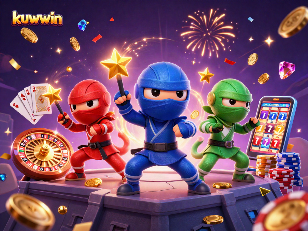 Kuwin engages players with a vibrant 3D casino scene featuring dynamic chameleon ninjas.