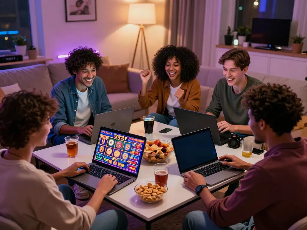 Teman-teman bermain slot777 dengan perangkat digital di ruang tamu yang nyaman.