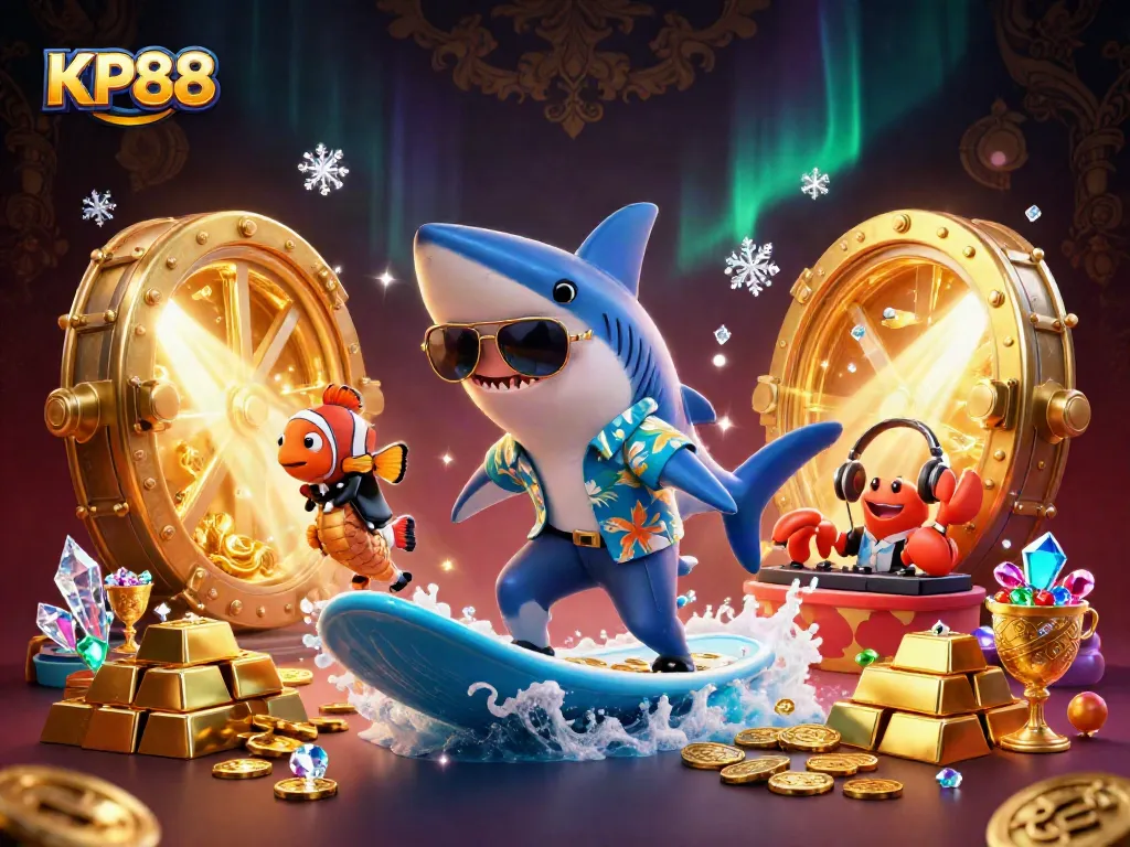 Enjoy an exciting KP88 surfing adventure with a shark and glamorous undersea characters amidst golden treasures.