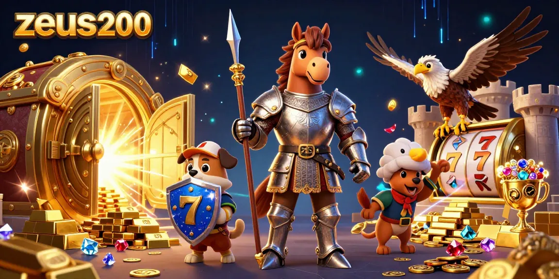 Zeus200 hadir dengan ilustrasi kasino 3D mewah yang menampilkan karakter kesatria dan koin emas di tengah harta.