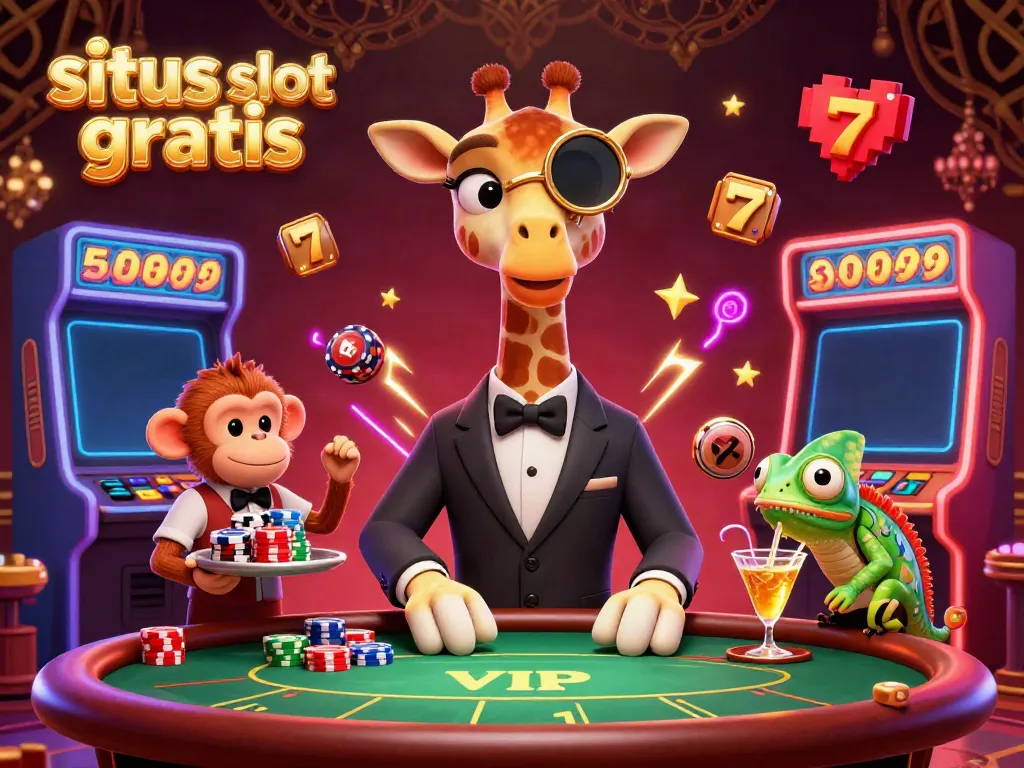 Experience the excitement of situs slot gratis with a giraffe, monkey, and chameleon at a vibrant slot-themed table.