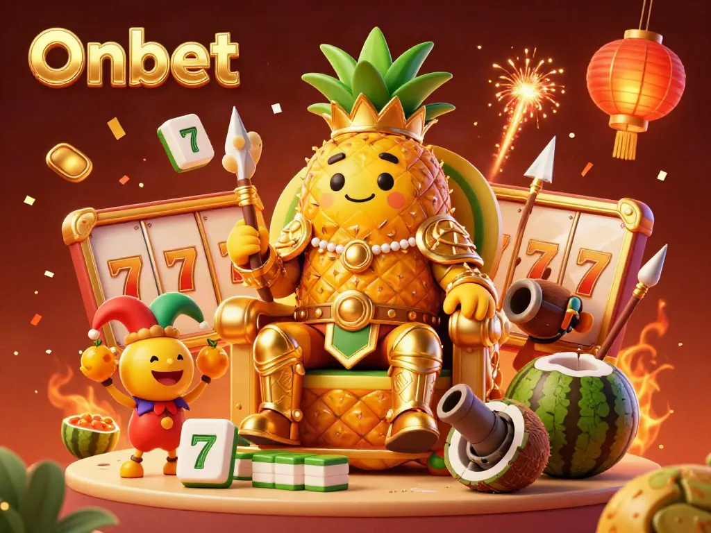 Experience the thrill of Onbet with a lively beach casino scene featuring playful characters and casino elements.
