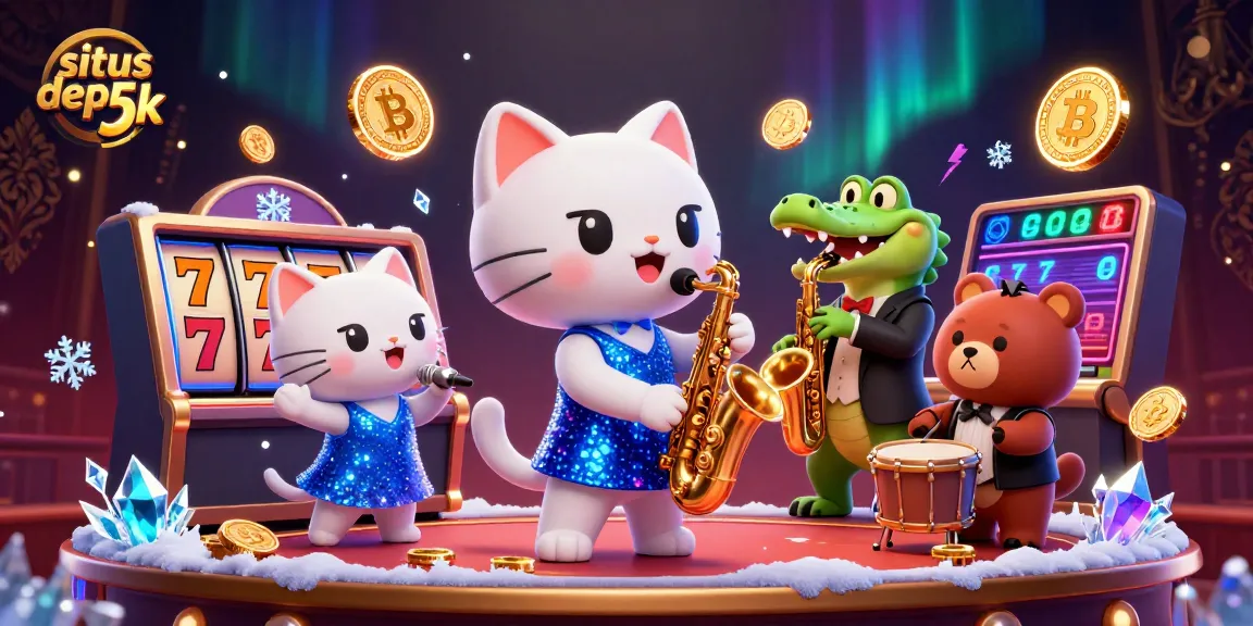Join the excitement at situs depo 5k with a vibrant 3D casino scene featuring singing cats and animated jackpots.