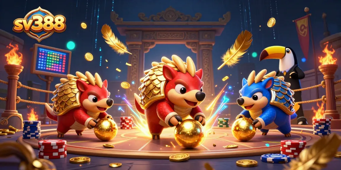 sv388 pangolins compete in an energetic online cockfighting scene with vibrant casino elements.