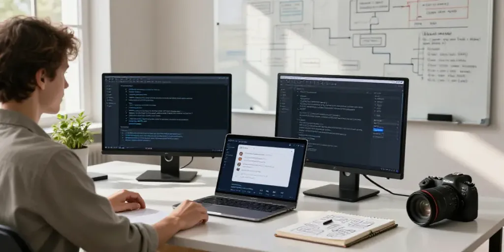 Workspace showcasing AI text creation tools and a content strategist in a focused environment.