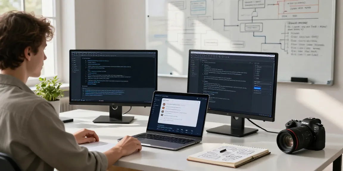 Workspace showcasing AI text creation tools and a content strategist in a focused environment.