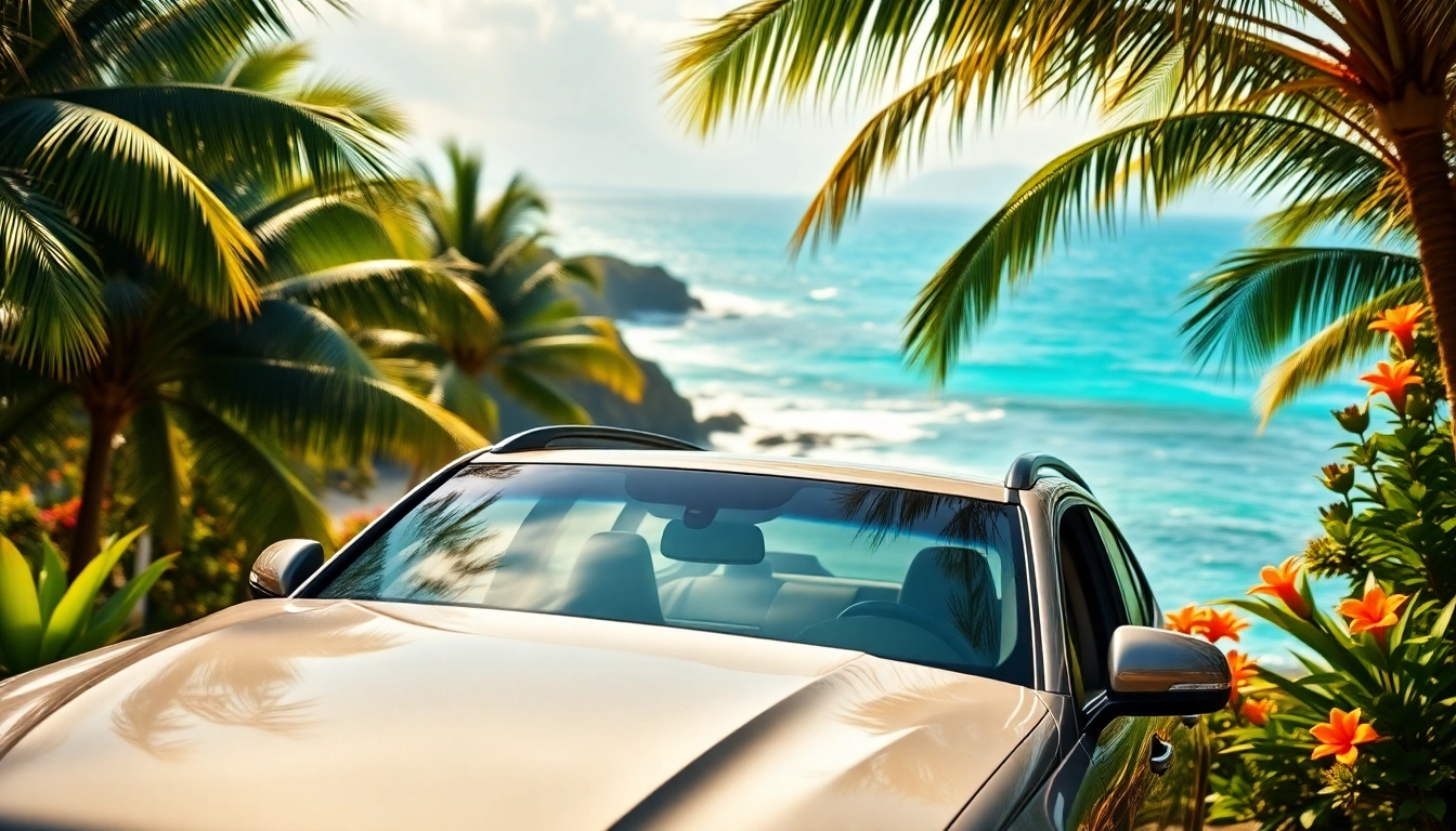 Rent a car St Barth in a picturesque tropical setting with vibrant greenery and ocean background.