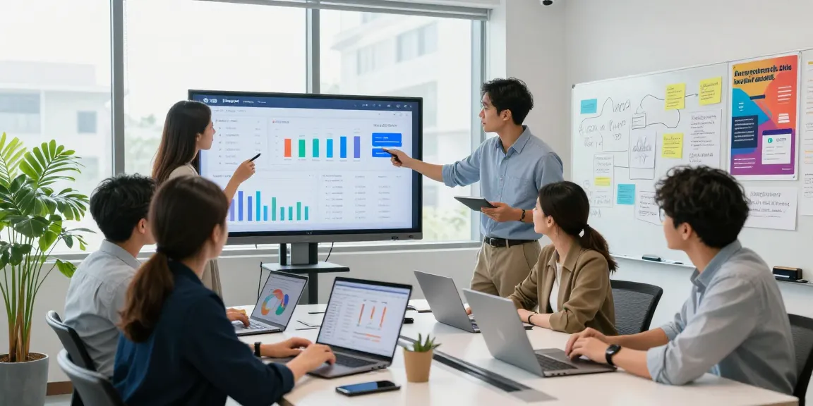 Buy app downloads efficiently with a dynamic app marketing team analyzing data and strategies while collaborating in a bright office.
