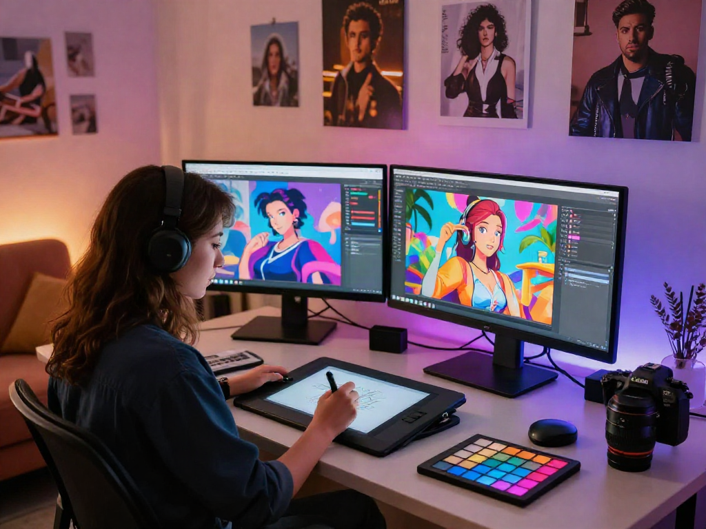 AI porn graphic designer creating vibrant adult illustrations in a modern studio.