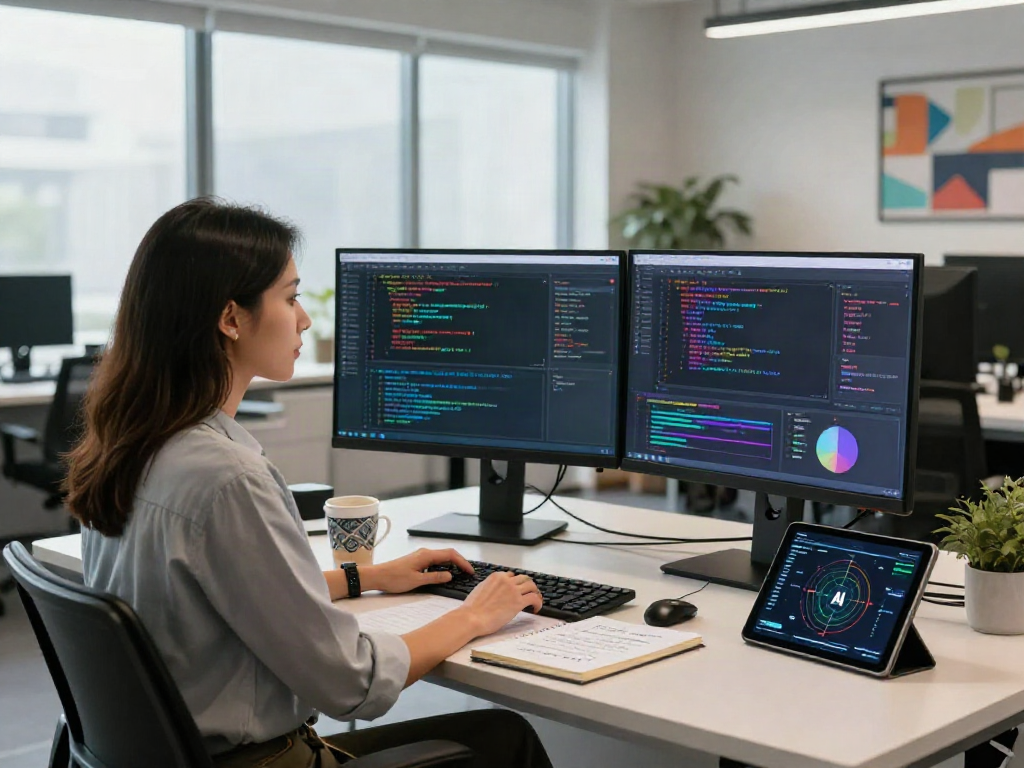 A data scientist engaged in AI detection analysis in a modern workspace.