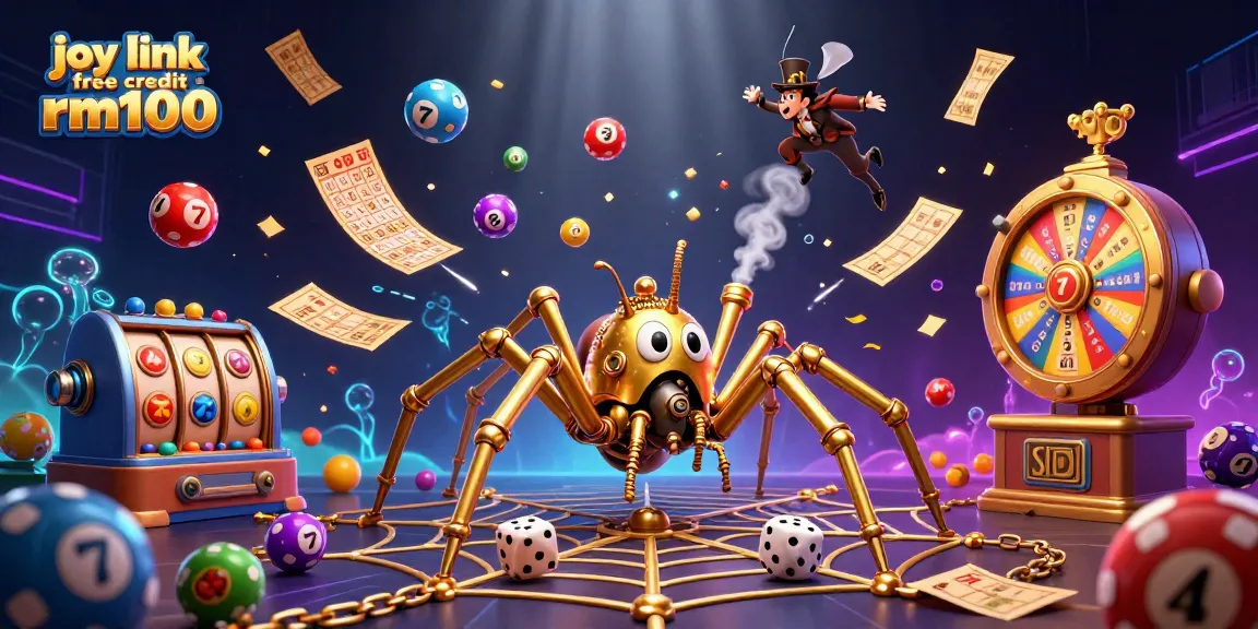 Engage with joy link free credit rm100 through a vibrant casino illustration depicting a steampunk spider and games.