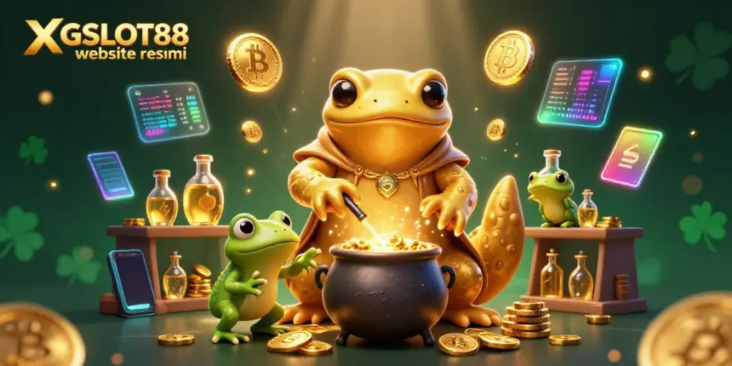 Ilustrasi tiga dimensi dari XGSLOT88 website resmi, menunjukkan alkemis salamander emas mengubah logam dasar menjadi koin emas.