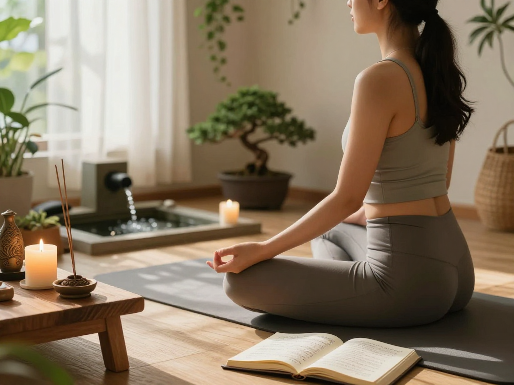 Meditation practice scene highlighting mantra88 in a calming environment with candles, plants, and natural light.
