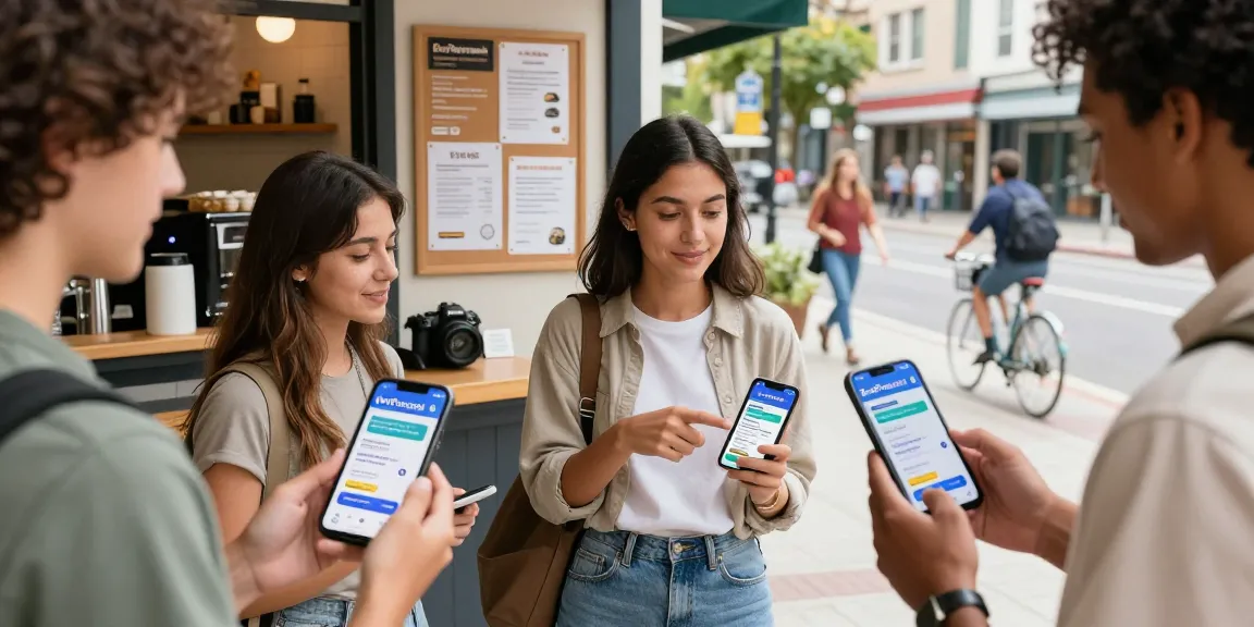 Individuals engaging with BedPersonal mobile app for local classifieds in a vibrant urban setting.