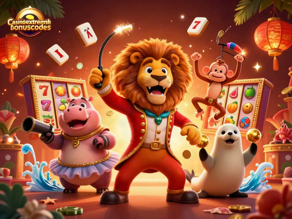 Engage with casinoextremebonuscodes in a vibrant 3D circus scene featuring slots, games, and lively characters.