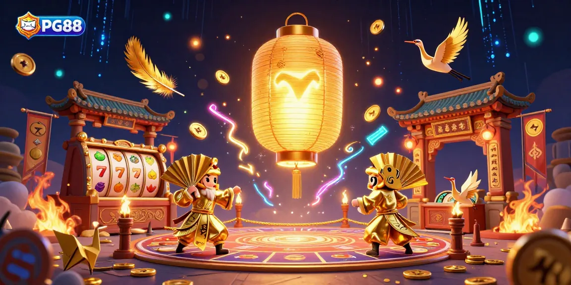 Experience exciting gambling at PG88, featuring a vibrant casino scene with golden lucky symbols and game elements.