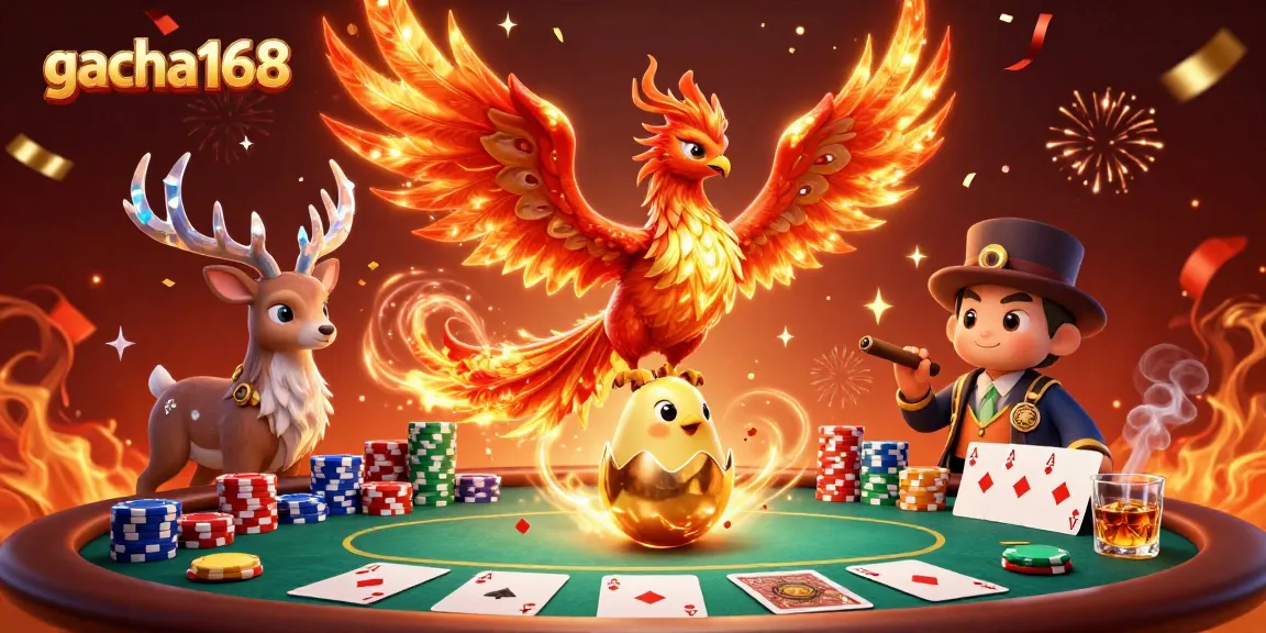 gacha168 players enjoying a thrilling poker scene with animated magical elements and casino excitement.