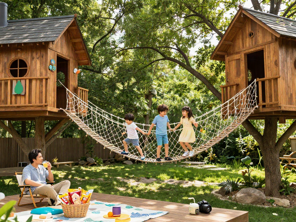 Family enjoying a Rope Bridge in their backyard, connecting treehouses for outdoor fun.
