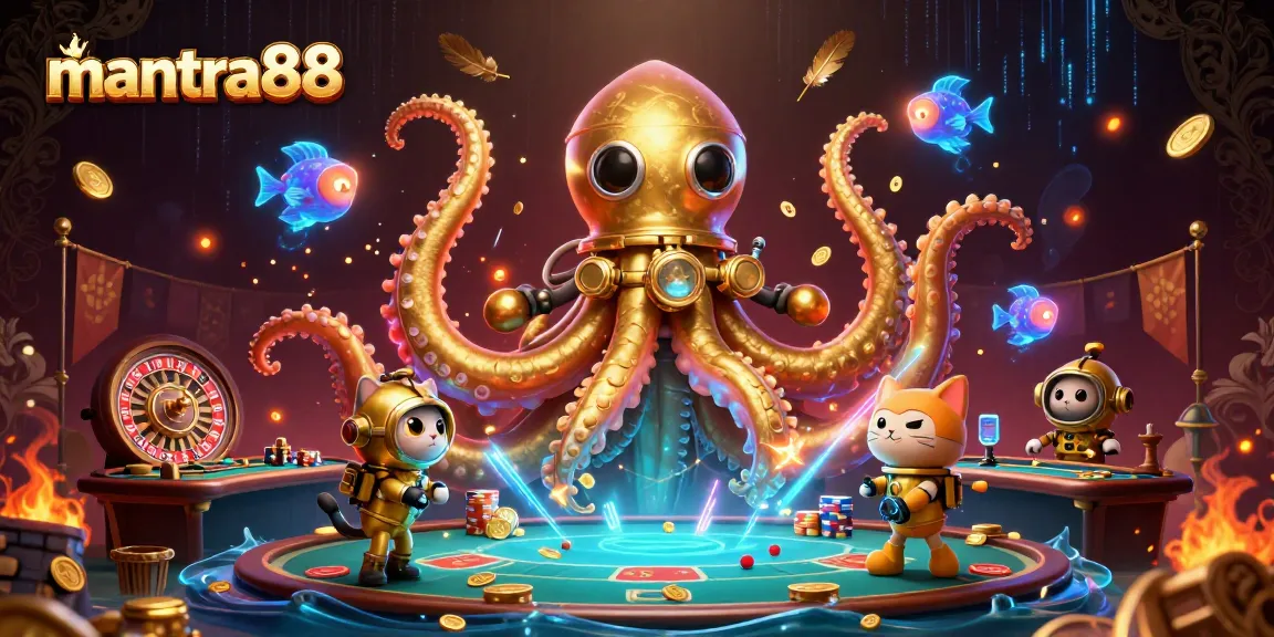 Engage with mantra88's thrilling gaming adventure featuring a colossal kraken and a diving cat.