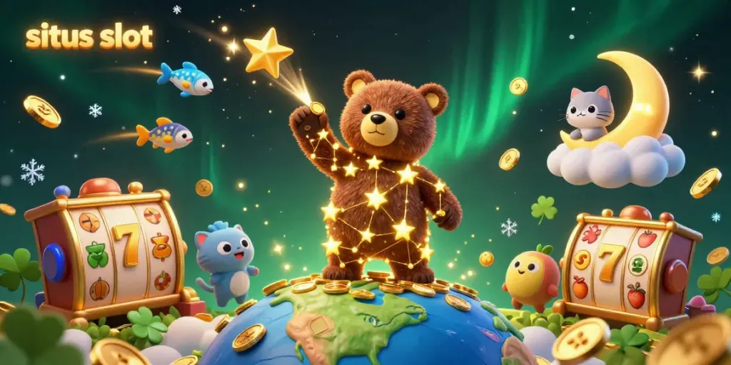 Menangkan jackpot di situs slot dengan ilustrasi 3D berwarna-warni, simbol keberuntungan dan karakter lucu.