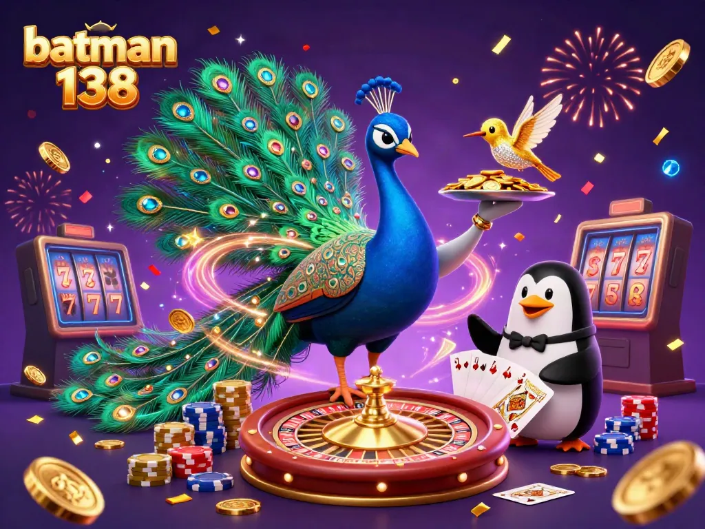 Engage with batman 138's vibrant casino scene showcasing a peacock and penguin amid sparkling chips and coins.