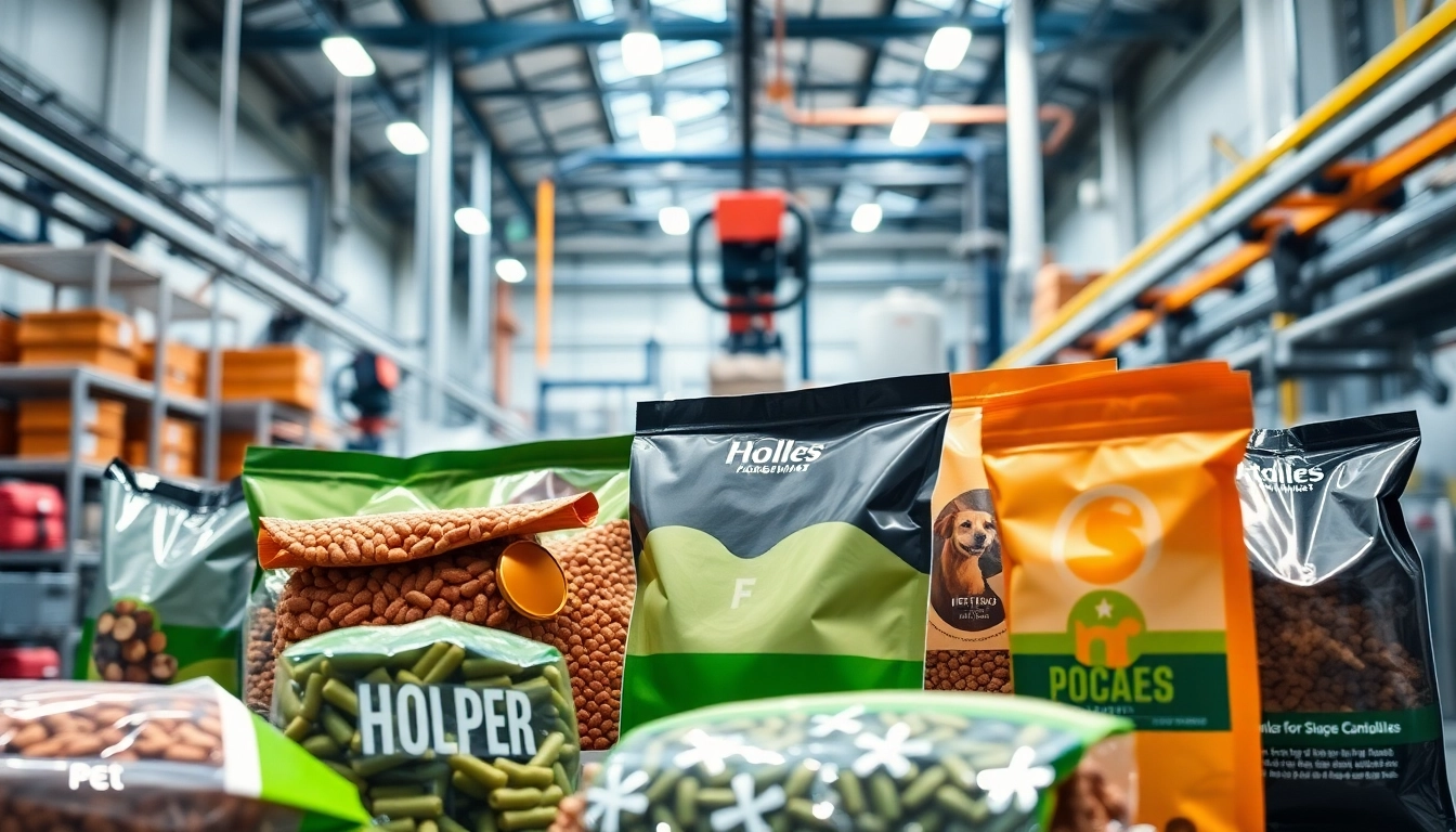 Showcasing various pet food packaging company products in a modern facility, emphasizing design and quality.
