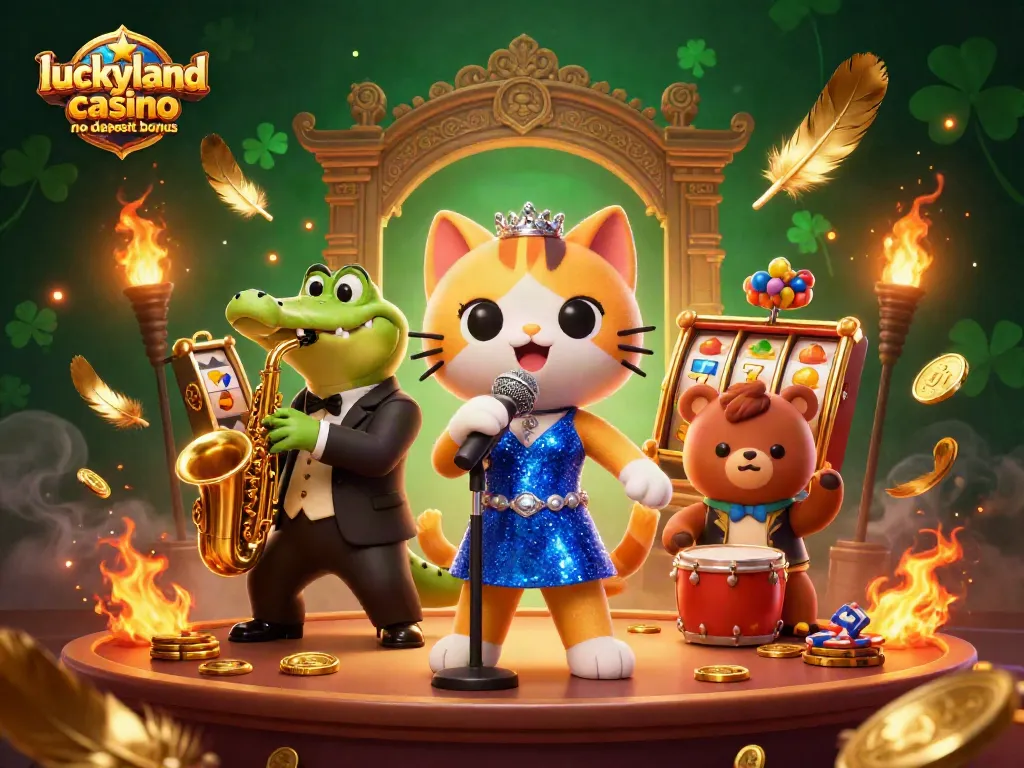 Claim your luckyland casino no deposit bonus with vibrant characters surrounded by casino elements.