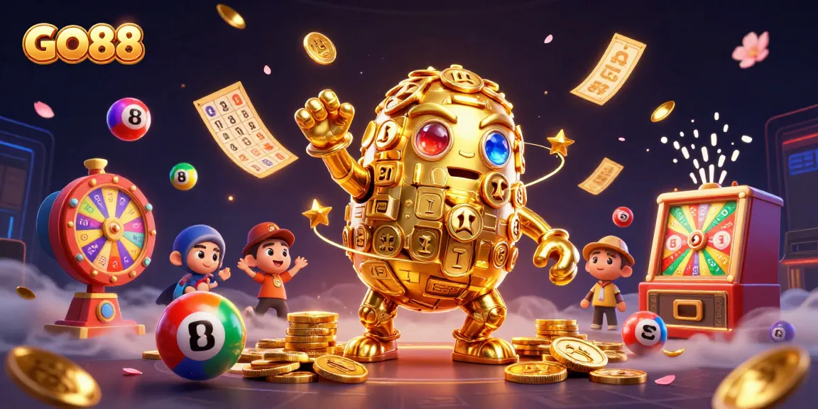 Experience winning excitement at GO88 with a dynamic 3D illustration showcasing vibrant gaming elements and golden rewards.