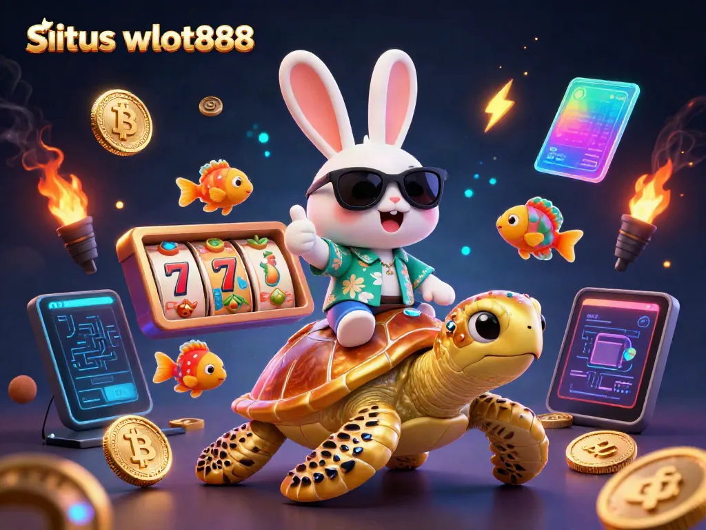 Slot gacor situs wslot888 dengan arsitektur cerah, menampilkan kelinci beruntung dan penyu emas.