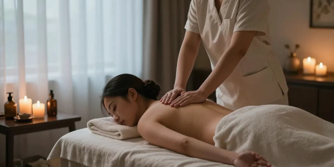 스웨디시 마사지 중인 고객과 치료사, 아로마 오일과 촛불로 둘러싸인 편안한 스파 공간