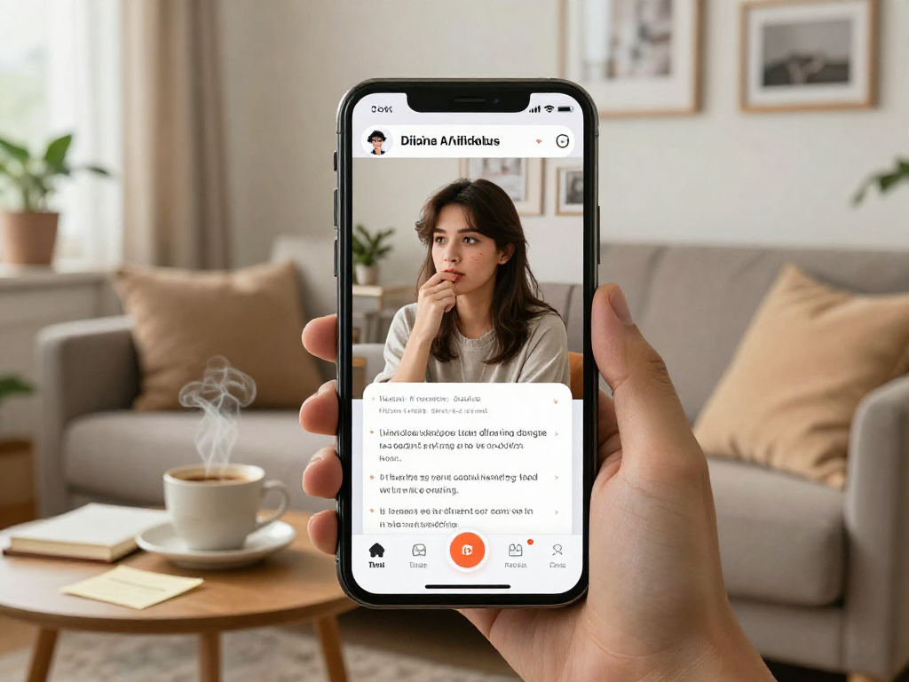 Young adult engaging with an AI gf on smartphone in cozy living room.