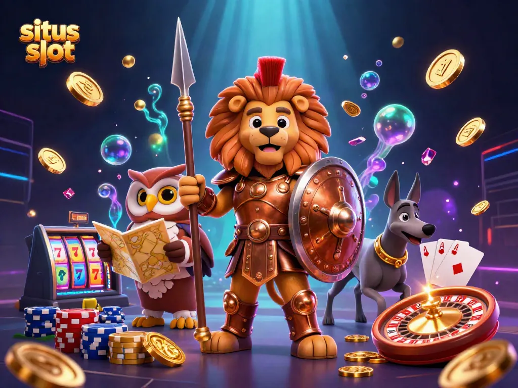 Visualisasi yang menarik tentang situs slot dengan berbagai elemen permainan dan karakter menarik.