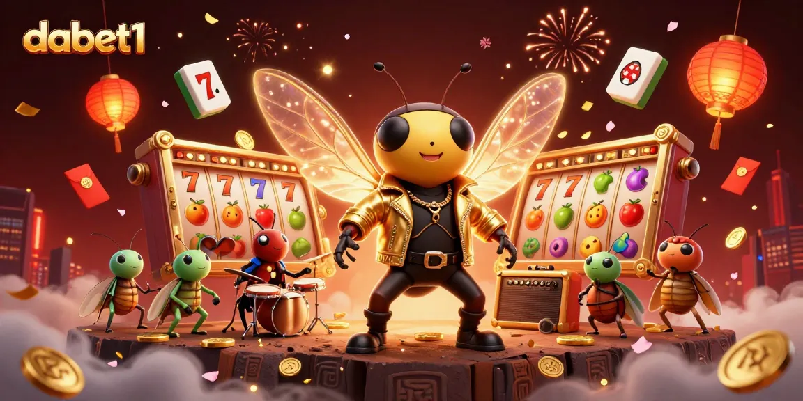 Engage with dabet1's vibrant online casino scene featuring animated characters, slot reels, and festive decor.