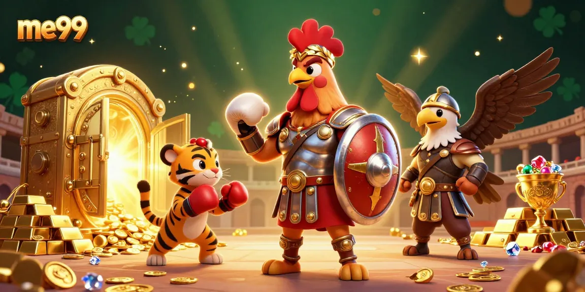 Experience me99 through thrilling casino adventures with a gladiator rooster, treasure, and excitement.