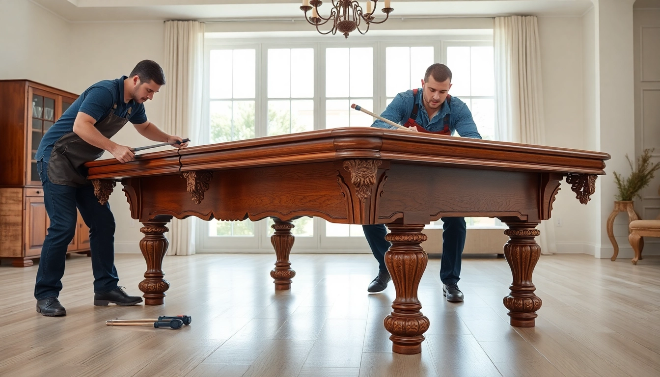 Pool table mover carefully disassembling a vintage pool table in a well-lit room.