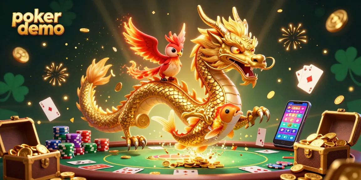 Engage in a thrilling poker demo showcasing golden dragon and phoenix amidst vivid casino elements.