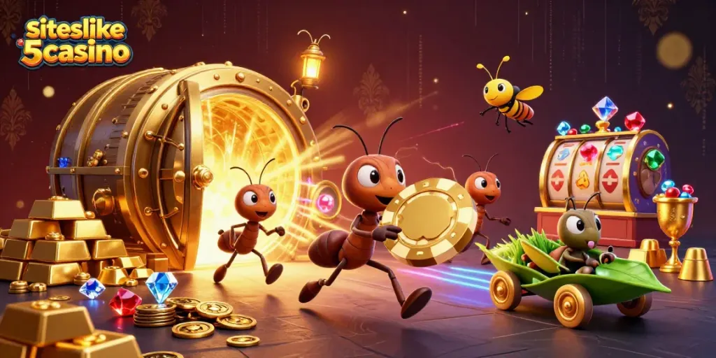 Join the fun at siteslikehigh5casino with ants carrying a massive poker chip through a vibrant casino heist scene.
