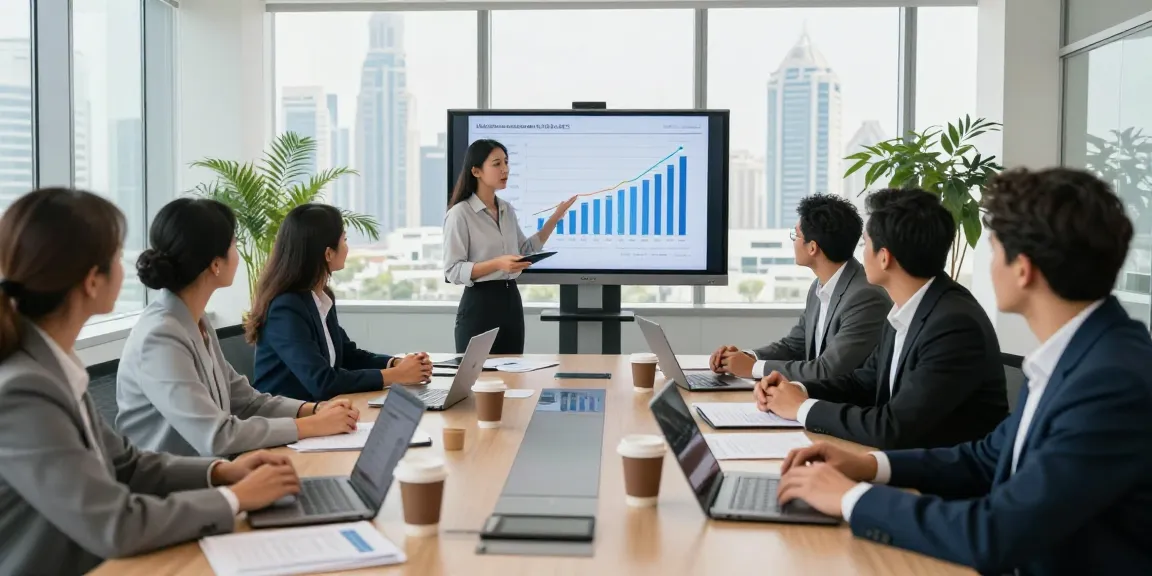Accounting Services in Dubai teamwork meeting with diverse professionals presenting financial data in modern conference room.