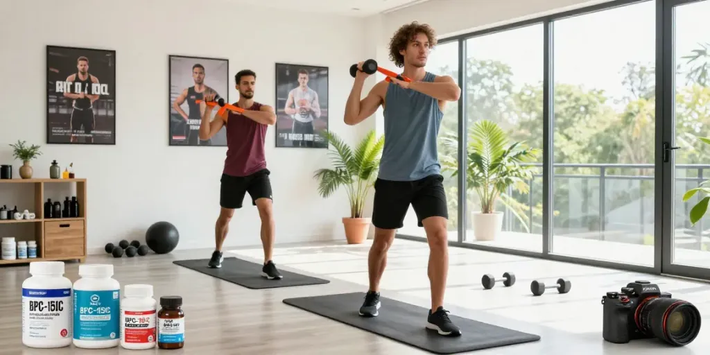 Buy bpc-157 Canada showcased in a vibrant home gym with fitness enthusiast and health supplements.