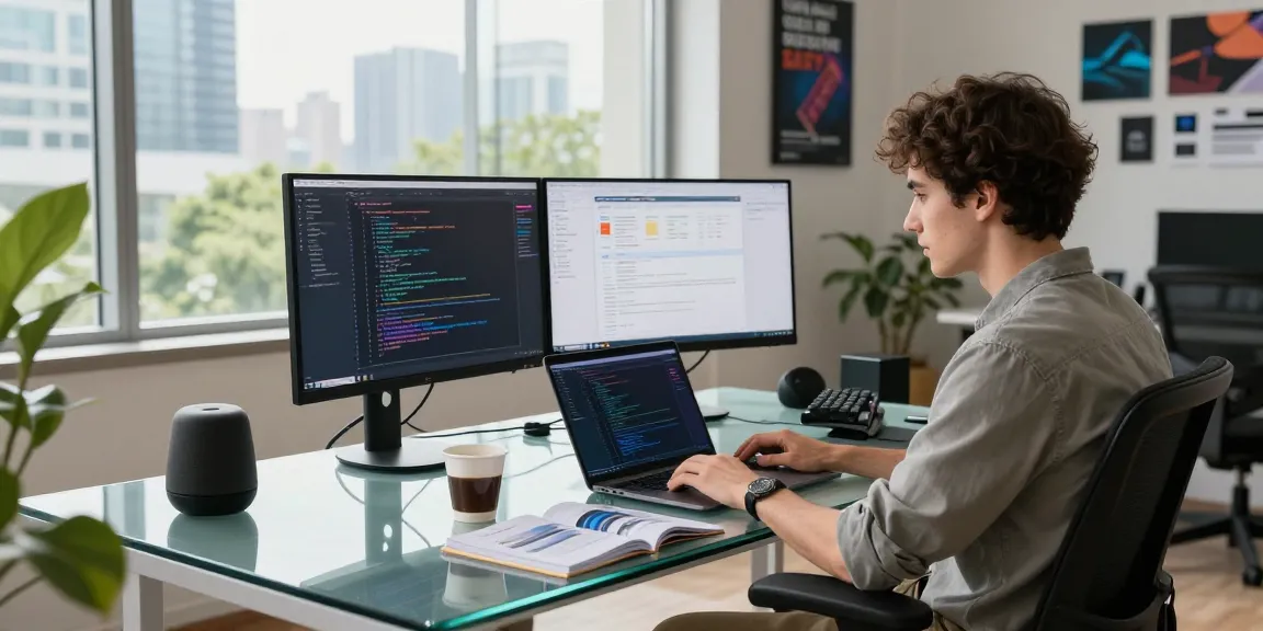 Software developer coding with bdtjl tools in a modern workspace, showcasing creativity and productivity.
