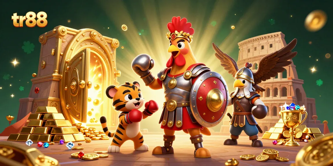 Join the excitement of tr88 with this engaging 3D casino scene featuring a gladiator rooster and riches.
