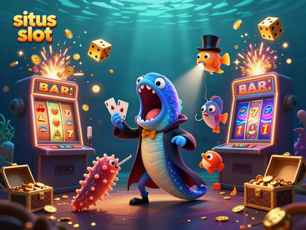 Ilustrasi situs slot menampilkan ikan laut dalam bermain sulap dengan elemen kasino.